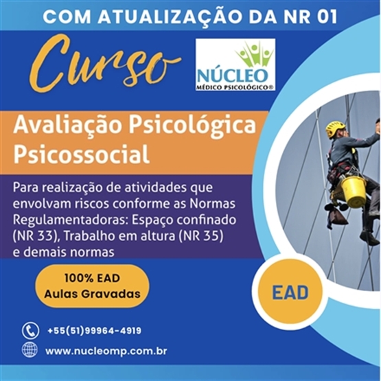 Curso Avaliação Psicológica Psicossocial (NRs: 01, 10, 12, 20, 33, 34, 35 etc.) 20h